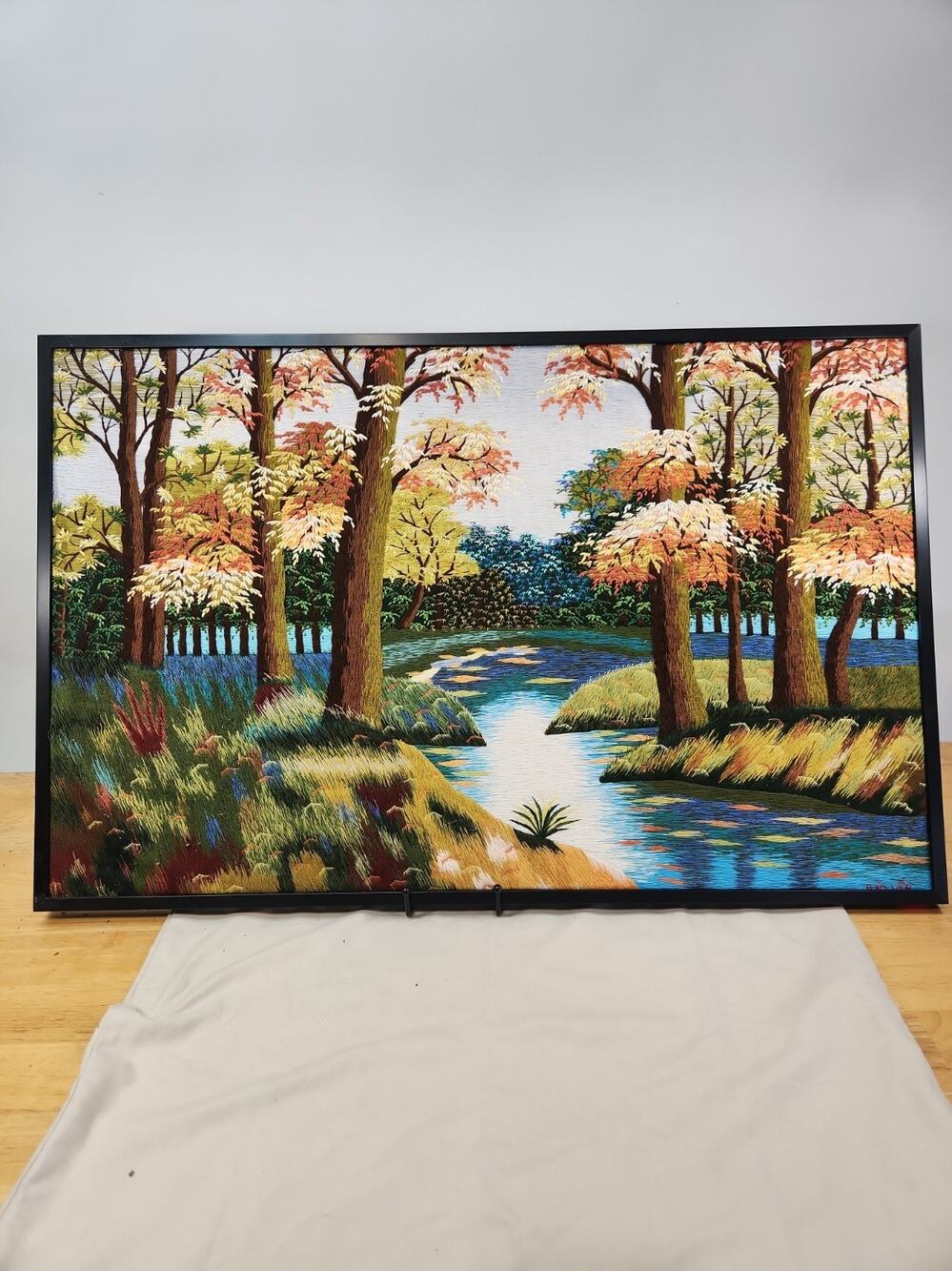 Vintage Hand Embroidered Landscape Thread Painting Framed Fiber Art 28"